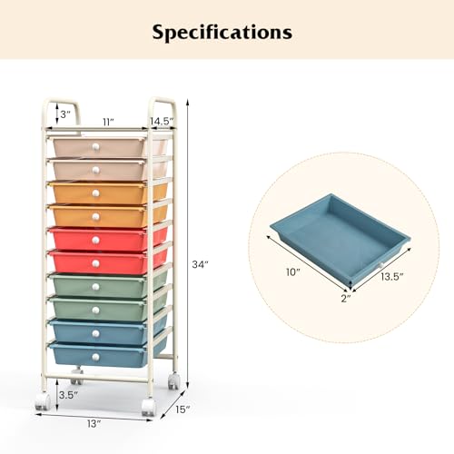 10 Drawer Storage Cart, Rolling Cart with Lockable Wheels, Trolley Utility Cart with Removable Drawers, Mobile Organizer with Handle for Living Room Kitchen Home Office (Macaron)