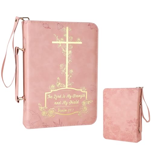 Bible Cover Case for Women£¬Large PU Leather Debossed Scripture Cover with Cross & Rose£¬Bible Accessories£¬Bible Carrying Case for Women, Girls, Gifts (Pink Gold)