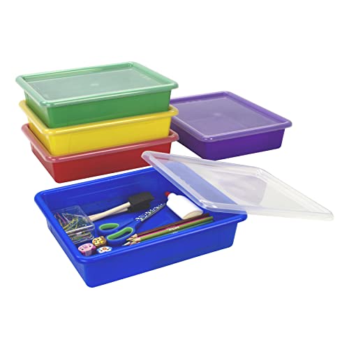 Storex Letter Size Flat Storage Tray ? Organizer Bin with Non-Snap Lid for Classroom, Office and Home, Assorted Colors, Pack of 5 (62534U05C)