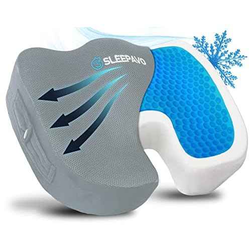 Sleepavo Gray Memory Foam Seat Cushion for Office Chair - Cooling Gel Pillow for Sciatica Coccyx Back Tailbone and Lower Back Pain Relief - Chair Pad for Lumbar Support in Office Desk, Car, Airplane
