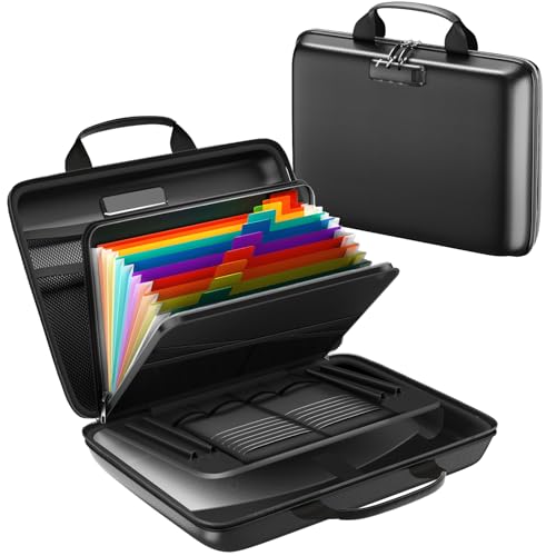 Fireproof Document Box, Hard Case Fireproof File Organizer with Lock and 13 Pocket Accordion File Folder, Portable Safe Box for Home Office Travel to Storage Important Documents Laptop Black