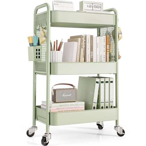 TOOLF Green 3-Tier Rolling Metal Storage Cart with Pegboard & Lockable Wheels