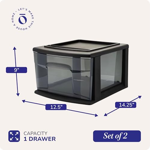 HOMZ 14.25in 1-Drawer Storage Cart - Black Frame, Smoke Drawer (2 Pack)
