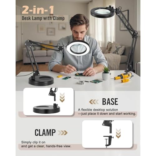 LANCOSC 10X Magnifying Glass with Light and Stand, Switch Knob for Multi-Color Modes Stepless Dimmable, LED Lighted Desk Lamp & Clamp, Hands Free Magnifier for Repair Crafts Hobby Painting Close Work