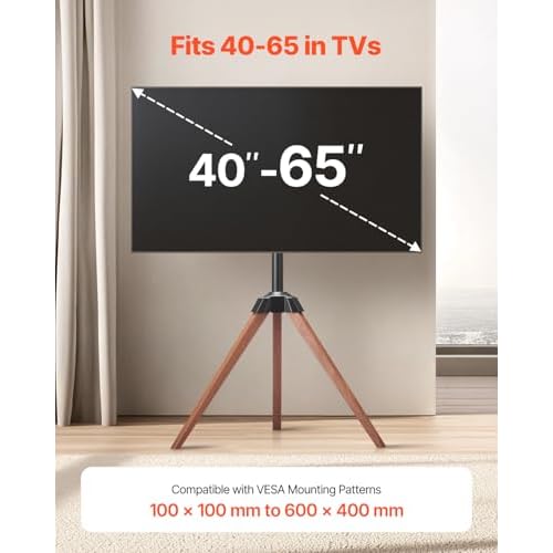 VEVOR Tripod Easel TV Stand, for 40-65 inch Flat Screen/Curved TVs Up to 99 lbs, 18¡Æ Left-Right Rotation Portable TV Stand with Oak Wood Legs, for Bedroom, Living Room, Studio, MAX VESA 600 x 400 mm