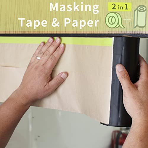 Pre-Taped Masking Paper for Painting - 12 inch x 50 feet Tape and Drape Painters Paper, Paint Adhesive Protective Paper Roll for Covering Skirting, Frames, Cars and Auto Body (8 Rolls)