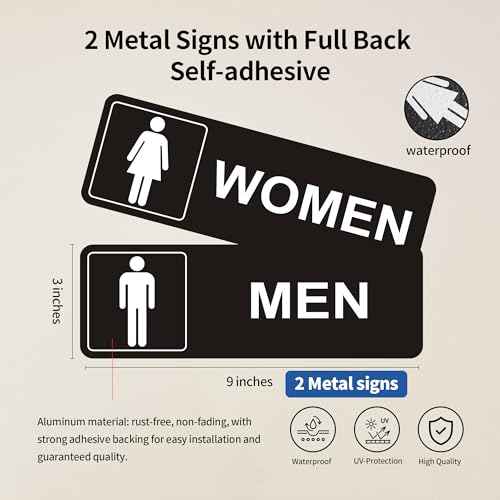 Restroom Sign - (2 Pack ) Metal Restroom Signs for Business with Strong Self-Adhesive, Bathroom Signs for Home Door or Wall, Ideal Unisex Restroom Signs for Women and Men, Easy to Install (Black Women and Men 9" x 3")
