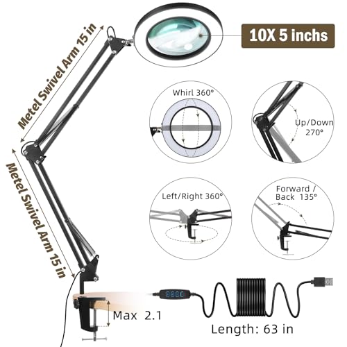 LANCOSC Magnifying Glass with Light and Stand, 5 Inches 10X Real Glass Lens, 3 Color Modes Stepless Dimmable LED Desk Lamp, Adjustable Arm Lighted Magnifier Light for Reading Repair Crafts Close Work