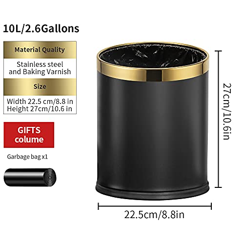 10L/2.6GAL Black and Gold Open Top Trash Can - Metal Trash Bin Without Lid for Office, Hotel, Store, Restaurant