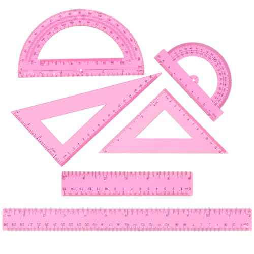6 PCS Pink Ruler Set Includes Plastic Straight Ruler 12 & 6 Inch, Clear Protractor, Triangle Rulers Math Geometry Set Measuring Tool Transparent School Supplies for Home Office Drawing