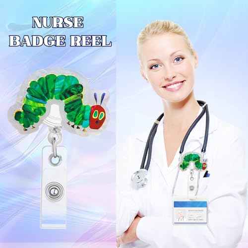 The Very Hungry Caterpillar Badge Reel, Funny Badge Reels Retractable, Name Badge Holder Reel ID Clip, Cute Animal Pediatric Decorative for RN LPN CNA MA Medical Worker Teacher Nurse Badge Accessories