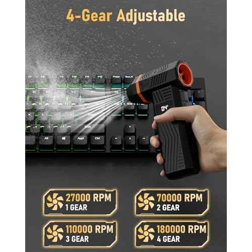 EVEAGE Compressed Air Duster, 180000RPM 4-Gear Adjustable Electric Air Duster with Display Screen & LED Light, 5000mAh Rechargeable Cordless Air Blower for Keyboard/PC/Car/Home Cleaning Reusable