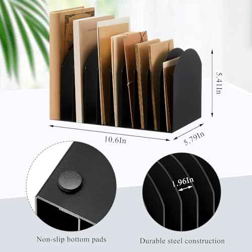Suzile Metal Desktop File Organizer, 10 Compartments, Vertical File Sorter, Black, 10.63" L x 5.79" W x 5.41" H, Office, Reception Areas, Workspace