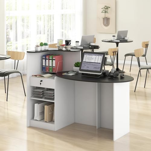 GOFLAME Black + White Reception Desk with Lockable Drawer, Adjustable Shelf, Oval Top