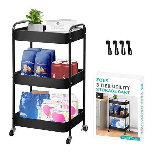 3 Tier Rolling Cart, Metal Utility Cart with 4 Hooks, Rolling Storage Cart on Wheels, Small Organizer Cart for Nursery, Kitchen, Living Room, Bathroom, Black