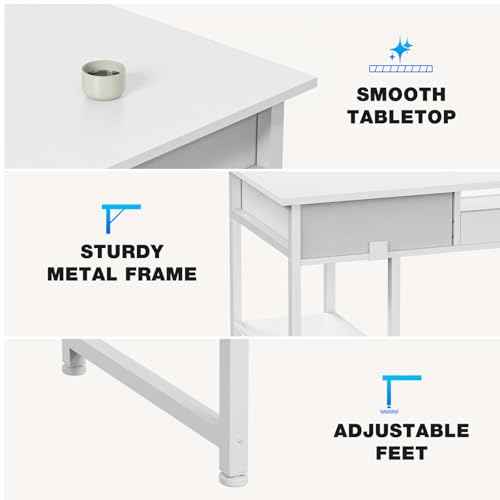 OLIXIS 48 Inch Desk with Drawers, Home Office Computer Desk with Adjustable Shelves on Both Sides, Study Writing Table with Adjustable Feet for Bedroom, White