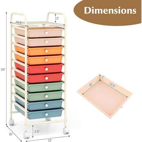 10-Drawer Rolling Storage Cart, Multi-Color, Alloy Steel Frame, Plastic Drawers, Lockable Casters