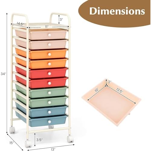 Storage Cart, Rolling Utility Cart with 10 Drawers, Portable Handles & Lockable Wheels, Mobile Paper Toys Storage Organizer Large Capacity for Home Office School Teacher (Macaron)