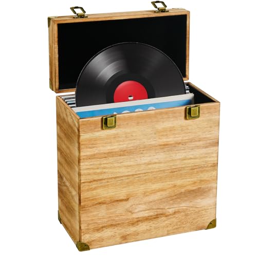 Vinyl Record Storage Box, Solid Wood Vinyl Record Box Fits Standard Records- 7/10 Inch, (Upgrade Double Latch) LP Album Record Storage Case Hold 40 Records - Carbonized Brown (Carbonized Brown)