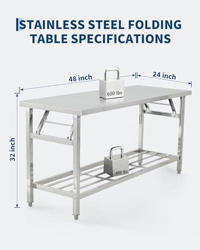 Garvee 48x24 Inch NSF Stainless Steel Folding Prep Table with Undershelf – Heavy-Duty Mobile Work Station