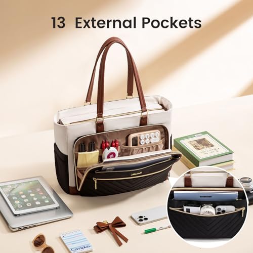 LOVEVOOK Teacher Tote Bag for Women, Work Bags Laptop Bag with Large Cup Holder, Quilted Nurse Bag Diaper Tote with Multi-Pockets, Large Computer Handbag Purse for Bussiness Travel, Office, College