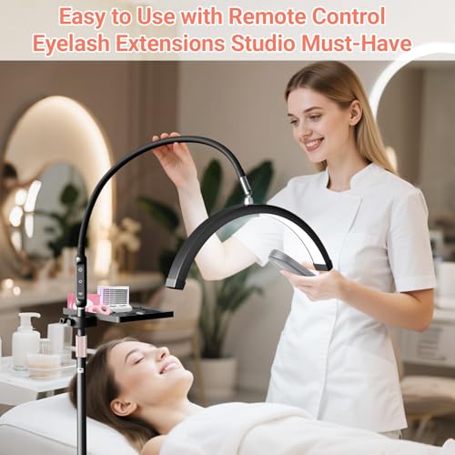 LIONVISON Half Moon Lash Light: 6500K LED Lamp Ring Light with Tray - 360¡Æ Flexible Gooseneck Durable Metal Stand - Salon Use for Lash Artists Eyelash Extensions (18In Black)