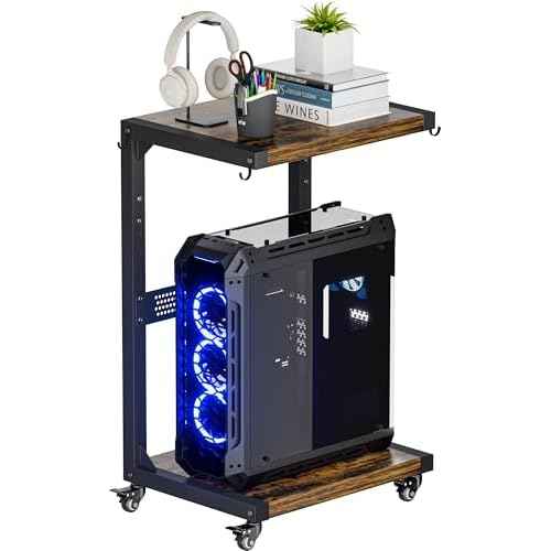 Computer Tower Stand, 2-Tier Metal CPU Holder Stand with Lockable Wheels, Adjustable Under Desk PC Shelf, Mobile Rolling Computer Cart for Home, Office, Gamers and Students, Black