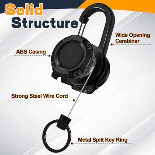 Retractable Keychain 3 Pack, Heavy Duty ID Badge Holder Reel, Multitool Carabine Key Holder for Keychain, Badge Holder with 25.6" Steel Retractable Cord Key Ring Clip, 8.8 oz (Black+Purple+Orange)