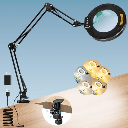 KIRKAS 12X Magnifying Glass with Light Large Clamp, Real Glass Lens Lighted Magnifying Lamp, 3 Section Swing Arm and 5 Color Modes 10 Levels Dimming LED Mgnifier for Reading Craft Hobby Close Work