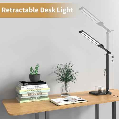 LED Desk Lamp with Dual Heads, Height Adjustable, USB Charging Port, 5 Light Modes & Dimmable Brightness, Bedside Lamp for Reading, Crafting, Work, Study (Black, 15W)