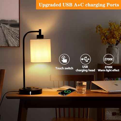 Modern Desk Lamp with Fast Dual USB A+C Charging | Touch Control Bedside Table Lamp for Bedroom Office, Fabric Shade, Metal Base, Bulb Included