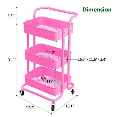 3-Tier Metal Mesh Rolling Cart Storage Organizer with Utility Handle and Wheels, Pink