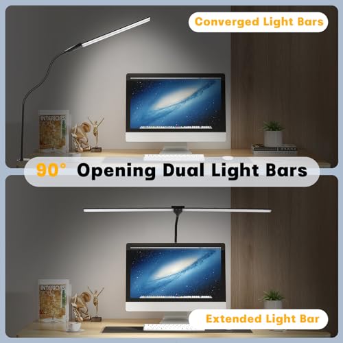 LED Desk Lamp for Home Office, 50 Brightness & Temperature Modes, Eye Protection, Dual Head Dimmable Table Light, 360¡Æ Adjustable Gooseneck with Clamp Remote Control, 90% Energy Saving (Black)