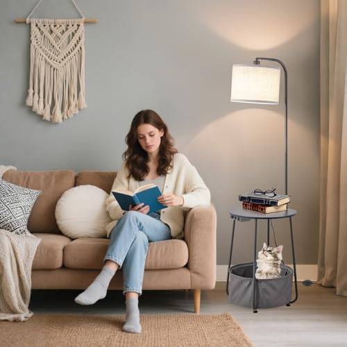 Floor Lamp with Cat Bed and Charging Station, Adjustable Lampshade, 3 Color Temperatures, Remote & Foot Switch Control, Standing Lamp with USB & AC Outlets for Living Room Bedroom, Gray