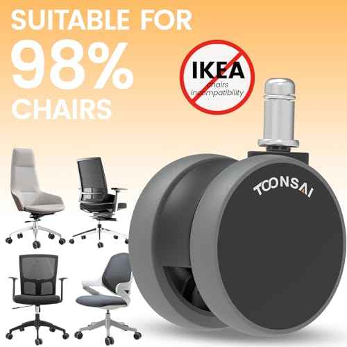 2.5 Inch Chair Wheel Replacement (Stem 7/16-7/8) Set of 5 - Heavy Duty 660LB Office Caster with Sealed Bearing, Ultra Quiet Double Rubber-like Wheel for Hardwood Floors and Carpets, Not for 1KEA Chair