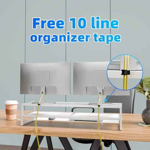 Simple Trending 2 Tier Metal Dual Monitor Stand Riser, Computer Office Desktop Organizer for 2 Monitors with 32"x10" Mouse Pad for Laptop, Printer, TV, White