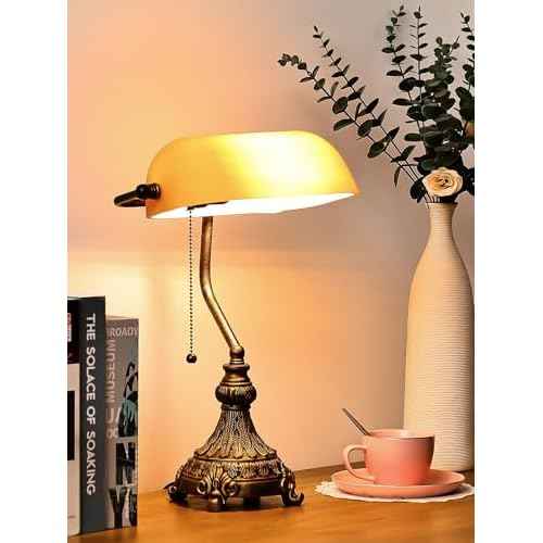Newrays Vintage Amber Glass Bankers Desk Lamp for Home Office,Library with Pull Chain Switch Plug in Fixture, LED Bulb Included