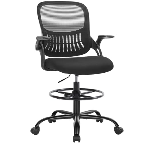 SMUG Drafting Chair with Flip-up Arms, Height Adjustable Standing Tall Office Desk Chair with Foot Ring, Ergonomic Swivel Computer Chairs with Rolling Wheels, Black