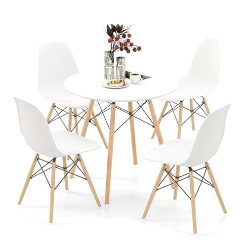 NAFORT 31.5'' Round Dining Table Set for 4 - 5-Piece Kitchen & Dining Room (White Table + 4 Beech Chairs)