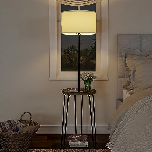 Floor Lamp with Table - Mid-Century Modern Nightstand or Side Table with USB Port and Hairpin Legs - Standing Light with Shelves by Lavish Home