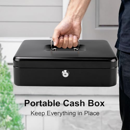 Jssmst Black Key Cash Box with Lock, 11.8-Inch Metal Money Storage for Garage & Yard Sales