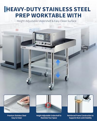 Garvee 30x30 Inch Stainless Steel Mobile Work Table with 3-Sided Backsplash, Height-Adjust Undershelf & Locking Casters (30x30x26)