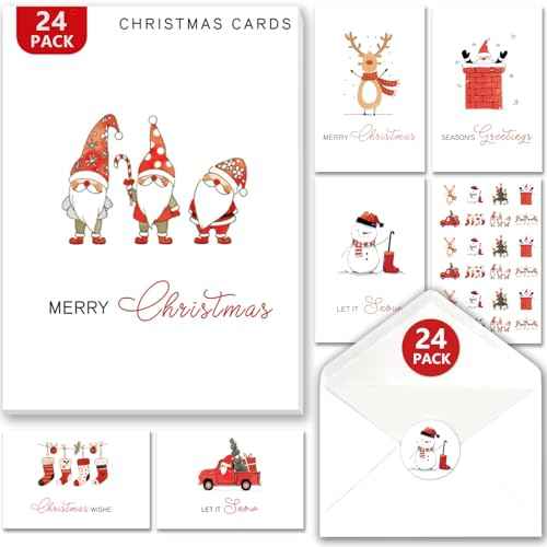 Christmas Cards with Envelopes & Stickers 24 Pack, 8 Assorted Minimalist Designs with Christmas Messages, 4x6 Inch Holiday Greeting Cards with Envelopes & Stickers ? Elegant Xmas Card Set for Friends, Colleagues & Clients