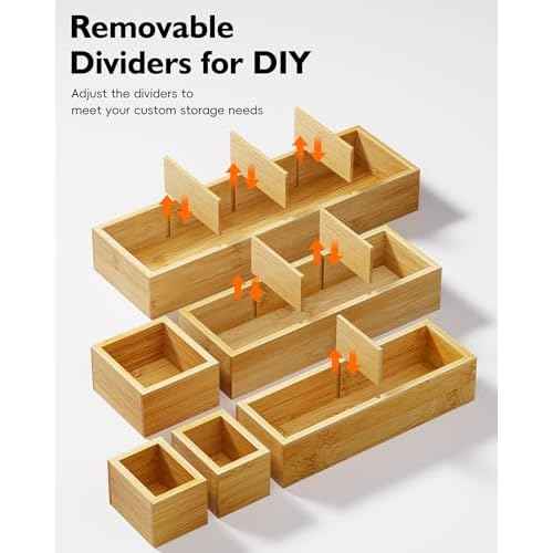 12-Piece Bamboo Desk Drawer Organizer Tray ? Adjustable Storage Boxes with 24 Adjustable Compartments for Office Drawer, Jewelry, Vanity & Desk Accessories