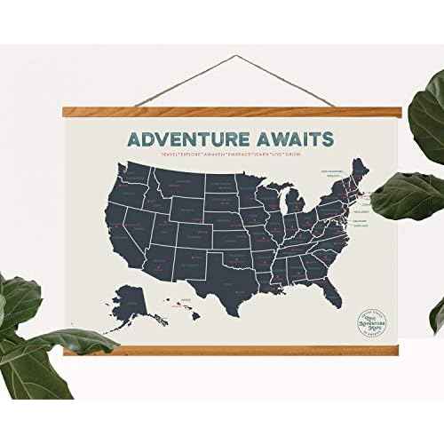 Epic Adventure Maps - USA State Travel Map Poster - Includes Push Pins + Magnetic Frame - Beige / 18 x 12 Inches