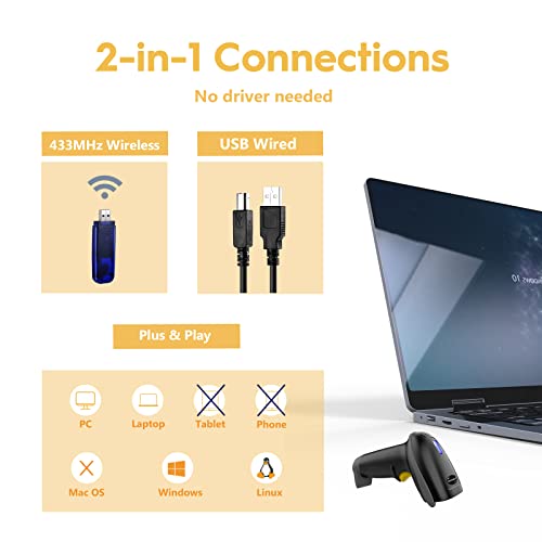 NADAMOO Gray Wireless Barcode Scanner 400m Long-Range 1D Laser Handheld USB