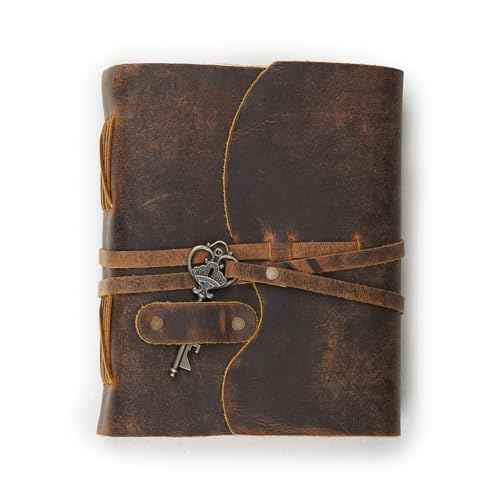LEATHER VILLAGE Vintage Leather Journal ? 200 Handmade Vintage Deckle Edge Paper ? Leather bound Journal For Women Men ? Vintage Key Closure - Book of Shadows - Cappuccino Brown - 10X7 inches