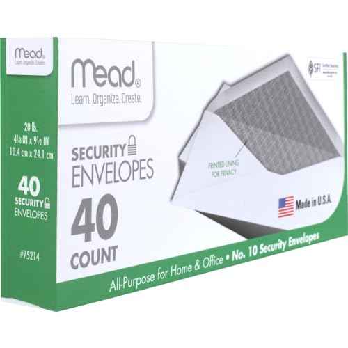Mead #10 Envelopes, Letter Size, 4-1/8" x 9-1/2", Security Printed Lining for Privacy, Gummed Closure, Windowless, White All-Purpose for Home & Office Mail, 40 Count (75214)