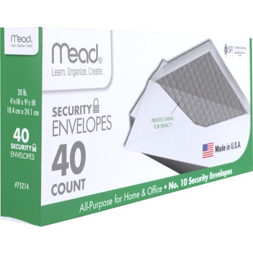 Mead #10 Envelopes 4-1/8 x 9-1/2 Inch Security-Lined White Gummed Closure 40 Pack