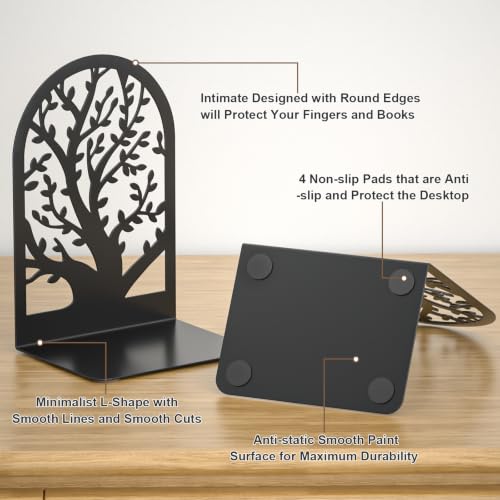 VFINE 2 Pairs Tree Book Ends - Black Metal Decorative Bookends for Shelves - Style-A